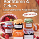 Cover des Buches 'Marmeladen, Konfitüren & Gelees' mit vier verschiedenen abgefüllten Marmeladengläsern mit Obst und Beeren rundherum
