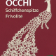 Cover des Buches 'Occhi, Schiffchenspitze, Frivolite' mit einem gehäkelten Pfau auf dunkelrotem Hintergrund