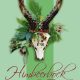 Cover des Buches 'Himbeerbock und Bergschuh-Rührei' mit einem mit Pflanzen geschmückter Schädel mit Geweih