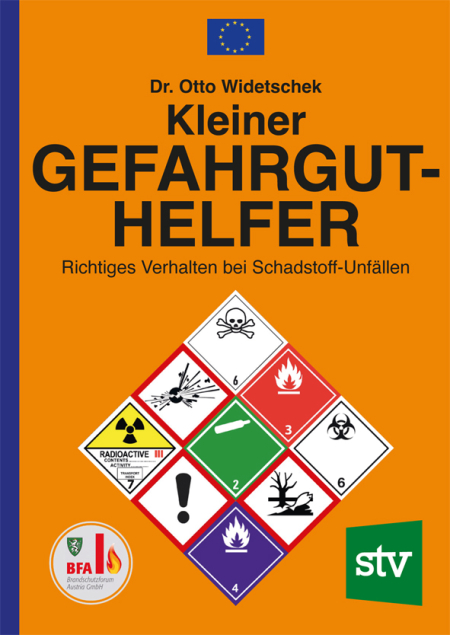 Cover des Buches 'Kleiner Gefahrgut-Helfer' mit verschiedenen Gefahrensymbolen auf orangem Hintergrund
