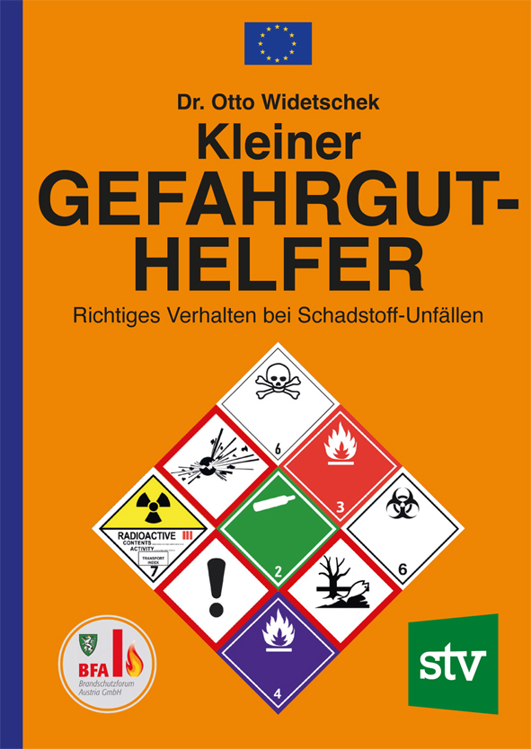 Cover des Buches 'Kleiner Gefahrgut-Helfer' mit verschiedenen Gefahrensymbolen auf orangem Hintergrund