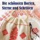 Cover des Buches 'Die schönsten Borten, Sterne und Schriften' mit einem rot besticksten Stoffsäckchen, darunter weitere in rot bestickte Stoffe