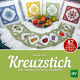 Cover des Buches 'Kreuzstich' mit bunten Ornamenten, Obst und Gemüse bestickten Pölstern, Tüchern und Stoffen