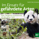 Cover des Buches 'Im Einsatz für gefährdete Arten' mit einem Bambus essenden Panda und drei kleinen Abbildungen mit verschiedenen Tieren