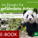 Cover des E-Books 'Im Einsatz für gefährdete Arten' mit einem Bambus essenden Panda und drei kleinen Abbildungen mit verschiedenen Tieren