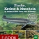 Cover des E-Books 'Fische, Krebse & Muscheln' mit einer großen und drei kleinen Abbildungen von Fischen, Krebs und Muscheln
