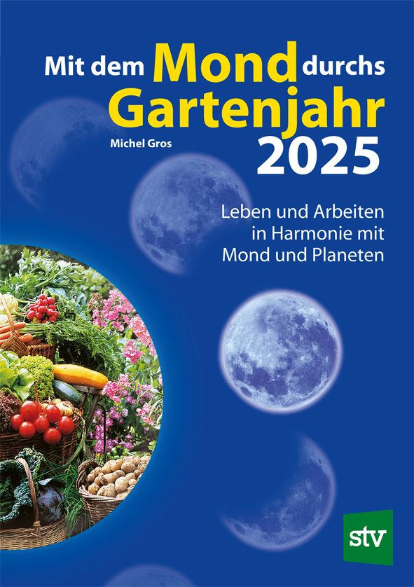 Cover des Kalenders 'Mit dem Mond durchs Gartenjahr 2025' mit Mondphasen auf blauem Hintergrund und links eine Abbildung mit verschiedenem Gemüse