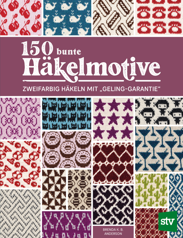 Cover des Buches '150 bunte Häkelmotive' mit verschiedenen Häkelmotiven in Quadraten