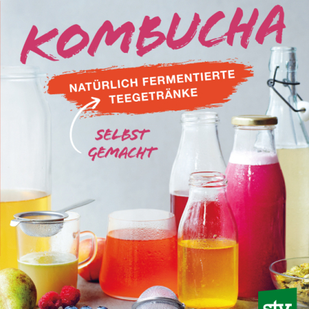 Cover des Buches 'Kombucha' mit verschied abgefüllten Einfachmachgläsern und Flaschen