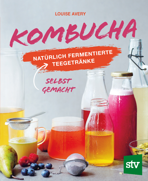 Cover des Buches 'Kombucha' mit verschied abgefüllten Einfachmachgläsern und Flaschen