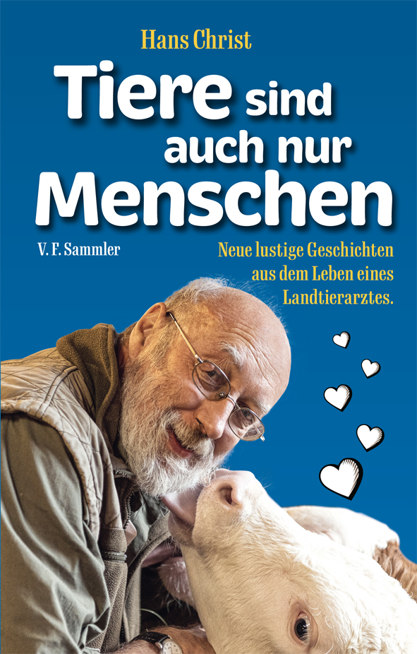 Cover des Buches 'Tiere sind auch nur Menschen' mit dem Portraitfoto des Autors und einer Kuh