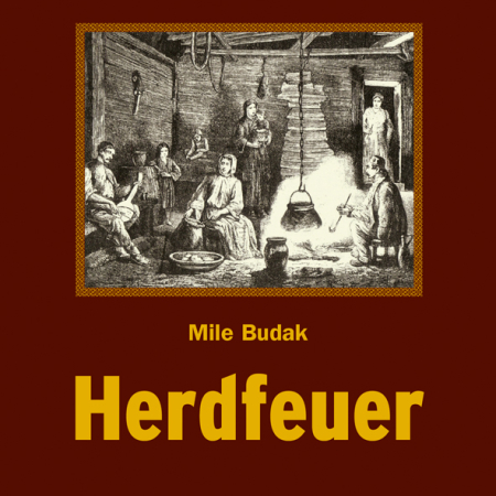 Cover des Buches 'Herdfeuer' mit einer alten schwarz-weiß Zeichnung von Menschen, die um eine Kochstelle im Haus sitzen