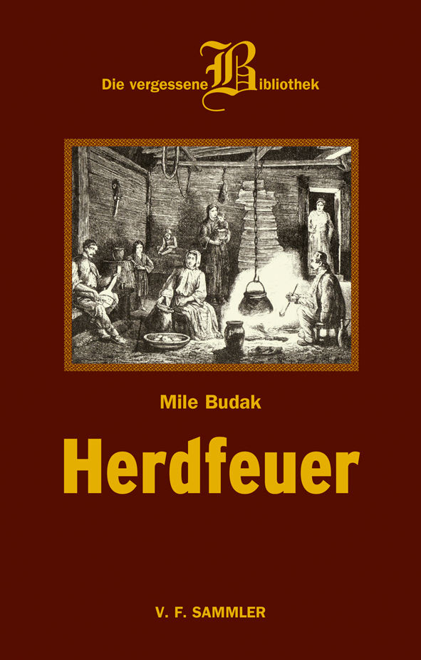 Cover des Buches 'Herdfeuer' mit einer alten schwarz-weiß Zeichnung von Menschen, die um eine Kochstelle im Haus sitzen