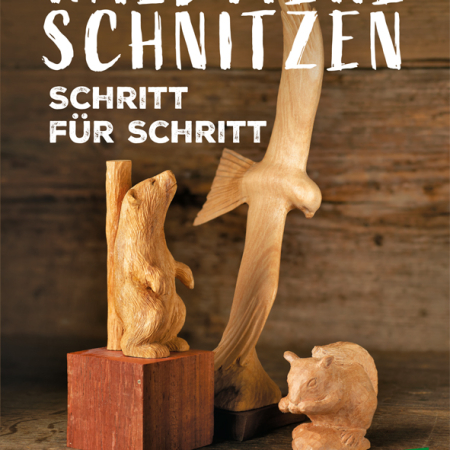 Cover des Buches 'Waldtiere schnitzen' mit drei Tier-Schnitzprojekten aus Holz