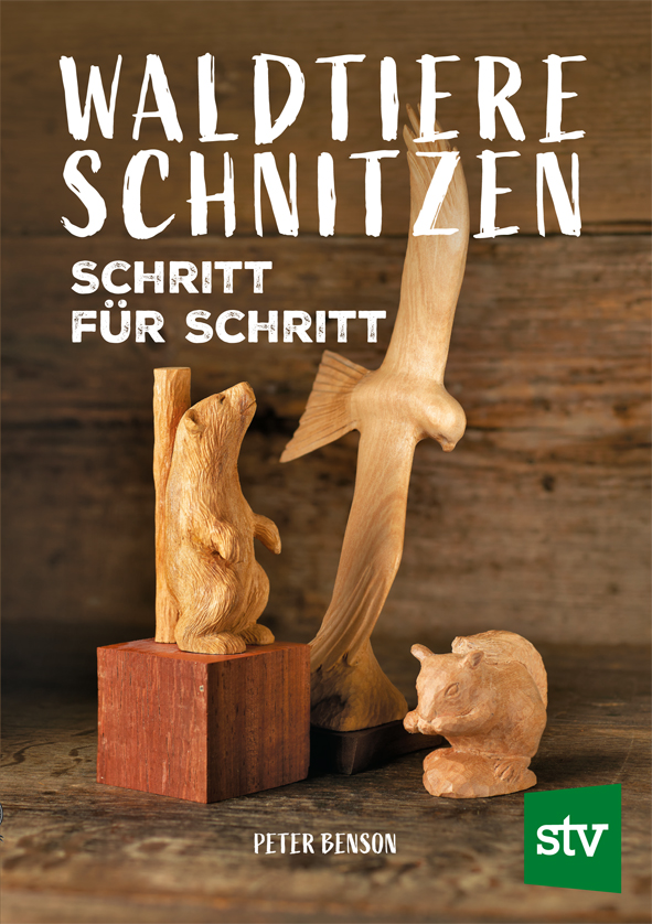 Cover des Buches 'Waldtiere schnitzen' mit drei Tier-Schnitzprojekten aus Holz