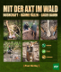 Cover des Buches 'Mit der Axt im Wald' mit fünf verschiedenen Abbildungen von Äxten, Werkzeugen und Arbeiten im Wald und mit Holz