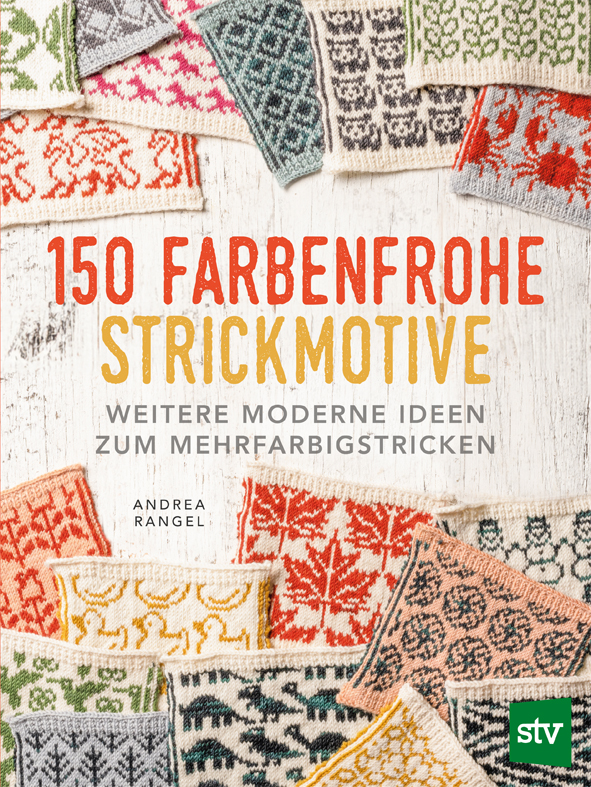 Cover des Buches '150 farbenfrohe Strickmotive' mit verschiedenen bunten gestrickten Motiven