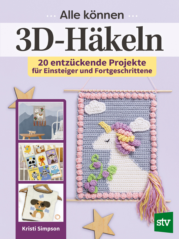 Cover des Buches 'Alle können 3D-Häkeln' mit vier abgebildeten Häkel-Projekten'