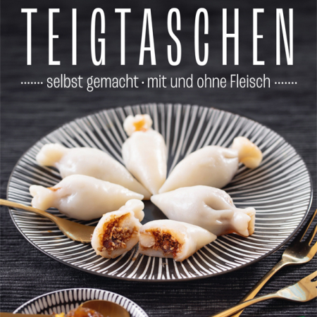 Cover des Buches 'Teigtaschen' mit gefüllten Teigtaschen und Dip