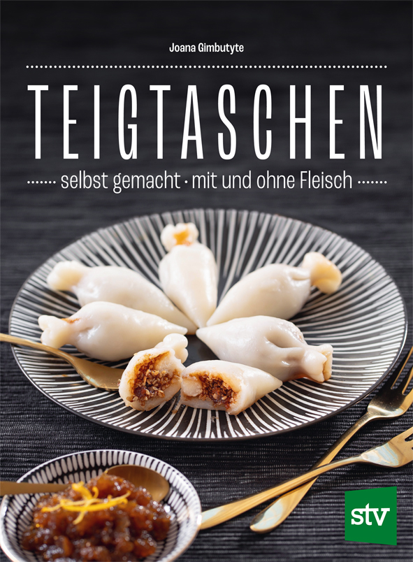 Cover des Buches 'Teigtaschen' mit gefüllten Teigtaschen und Dip