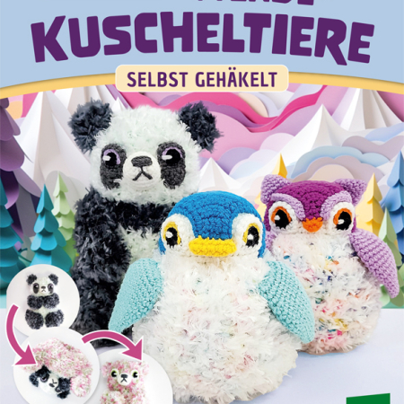 Cover des Buches 'Flauschige Wende-Kuscheltiere selbst gehäkelt' mit verschiedenen gehäkelten Stofftieren