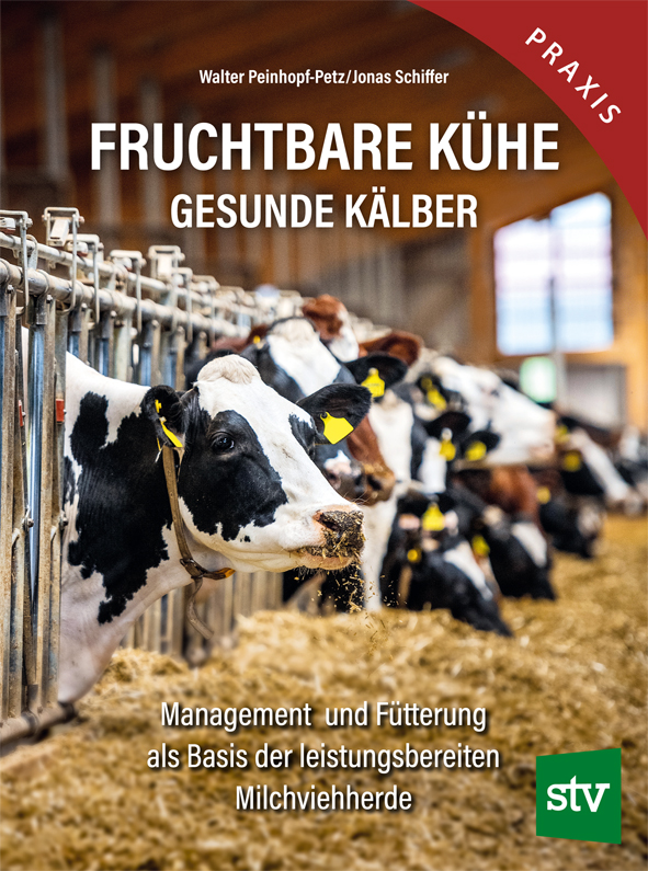 Cover des Buches 'Fruchtbare Kühe - gesunde Kälber' mit Kühen in einem Stall