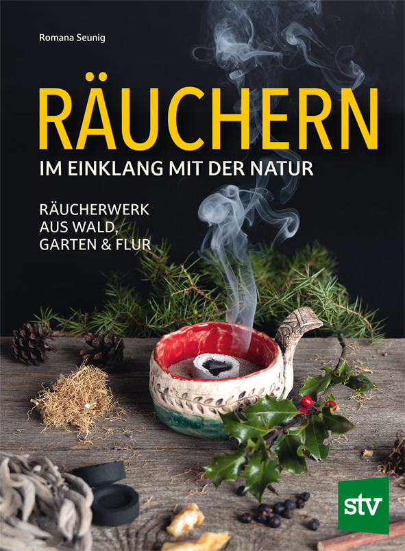 Cover des Buches 'Räuchern im Einklang mit der Natur' mit einem Räuchergefäß umgeben von getrockneten Kräutern und Pflanzen