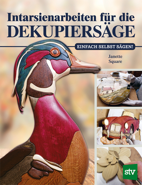 Cover des Buches 'Intarsienarbeiten für die Dekupiersäge' mit vier verschiedenen Intarsienarbeiten
