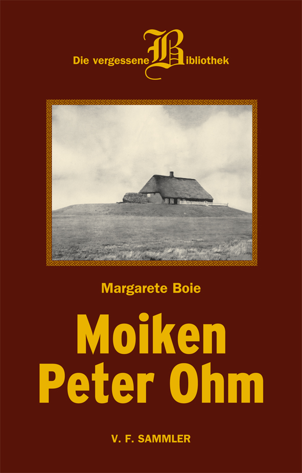 Cover des Buches 'Moiken Peter Ohm' mit schwarz-weiß Abbildung einer Landschaft und einem alten Haus