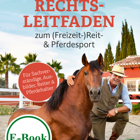 Cover des E-Books 'Rechtsleitfaden zum (Freizeit-)Reit- & Pferdesport' mit einem Reiter neben einem Pferd kniend