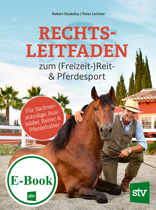 Cover des E-Books 'Rechtsleitfaden zum (Freizeit-)Reit- & Pferdesport' mit einem Reiter neben einem Pferd kniend