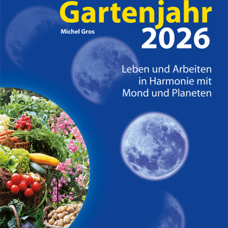 Cover des Kalenders 'Mit dem Mond durchs Gartenjahr 2026' mit Mondphasen auf blauem Hintergrund und links eine Abbildung mit verschiedenem Gemüse