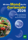 Cover des Kalenders 'Mit dem Mond durchs Gartenjahr 2026' mit Mondphasen auf blauem Hintergrund und links eine Abbildung mit verschiedenem Gemüse