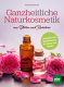 Cover des Buches 'Ganzheitliche Naturkosmetik aus Blüten und Kräutern' mit zwei kleinen angefüllten Fläschchen zwischen zwei Rosen und Blütenblättern