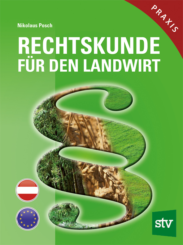 Cover des Buches 'Rechtskunde für den Landwirt' mit Paragraf-Zeichen und Österreich- und EU-Flagge.