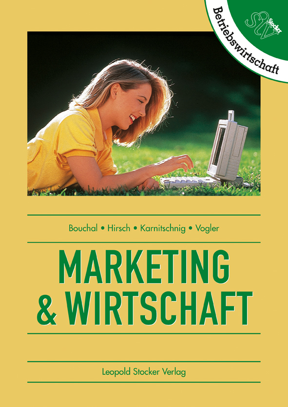 Cover des Schulbuches 'Marketing & Wirtschaft' mit einem Foto einer Dame die mit einem Laptop auf einer Wiese liegt