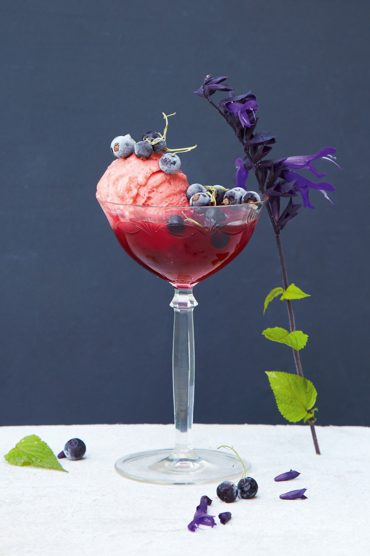Ein durchsichtiges Cocktailglas, gefüllt mit rotem Salbeiblütensirup, Erdbeersorbet und Heidelbeeren