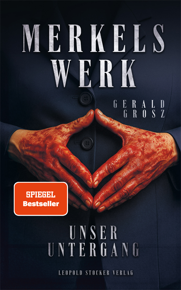 Cover des Buches 'Merkels Werk - Unser Untergang' mit Händen an denen sich Daumen und Zeigefinger an den Spitzen berühren und eine rautenförmige Figur bilden.