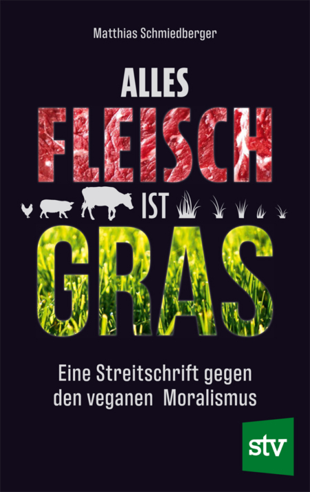 Cover des Buches "Alles Fleisch ist Gras" mit gemusterter Schrift auf schwarzem Hintergrund