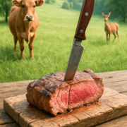 Auf eine Holzbrett liegt ein großes Stück Fleisch, in dem ein Messer steckt. Im Hintergrund steht eine Kuhe und ein Reh auf der Wiese
