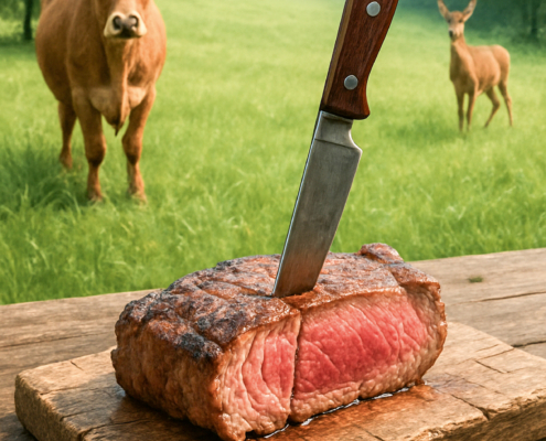 Auf eine Holzbrett liegt ein großes Stück Fleisch, in dem ein Messer steckt. Im Hintergrund steht eine Kuhe und ein Reh auf der Wiese