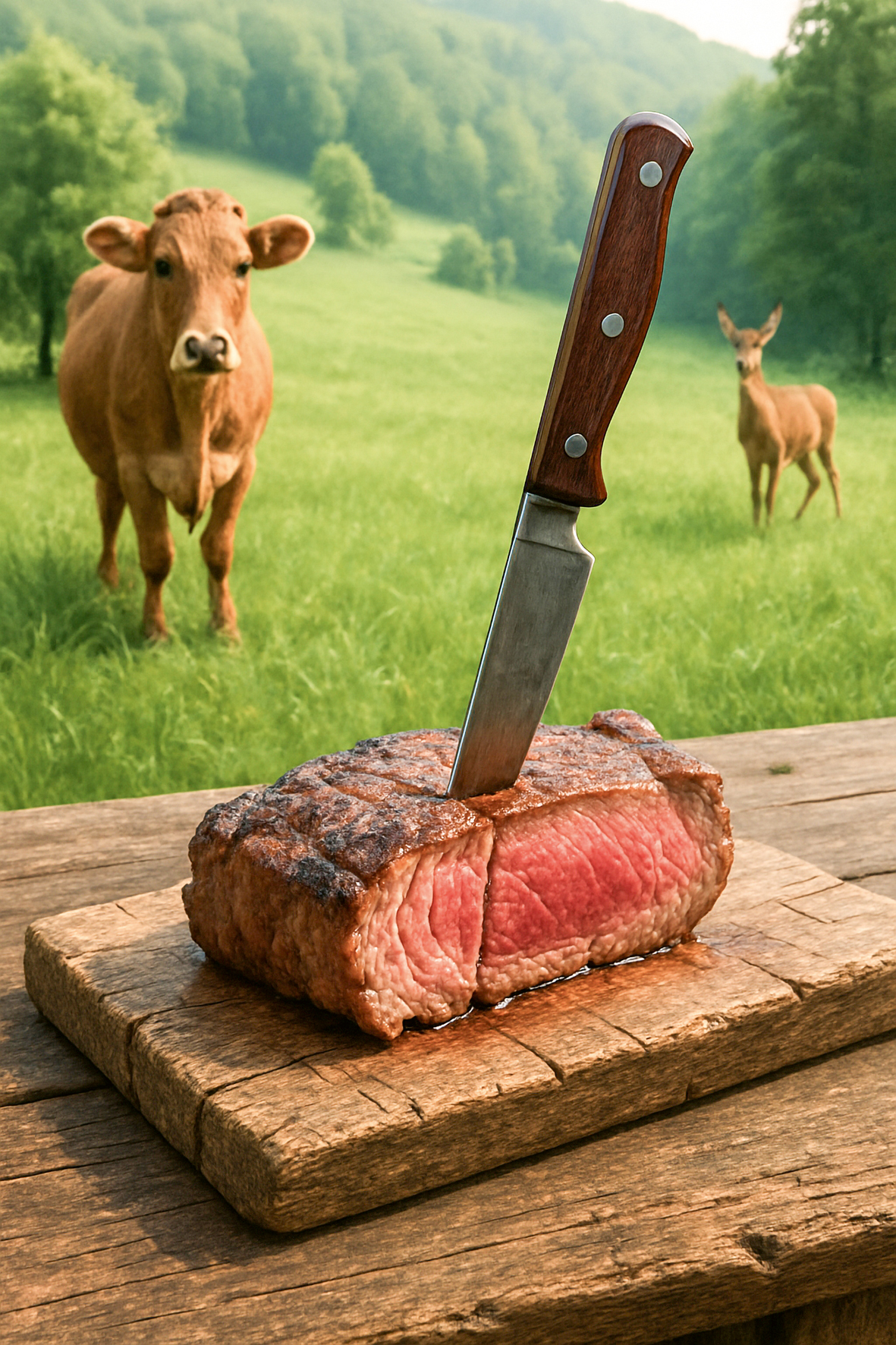 Auf eine Holzbrett liegt ein großes Stück Fleisch, in dem ein Messer steckt. Im Hintergrund steht eine Kuhe und ein Reh auf der Wiese