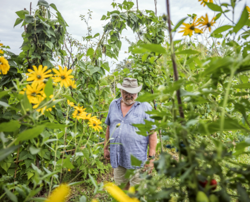 Sepp Holzer steht mitten in seinem Garten, umgeben von Blumen und Pflanzen
