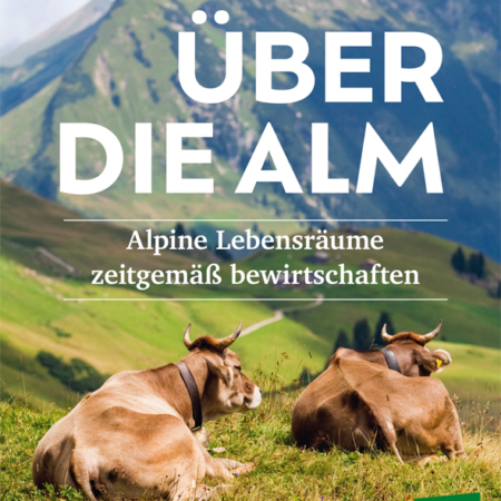 Cover des Buches 'Über die Alm' mit zwei Kühen die auf einer Weide liegen