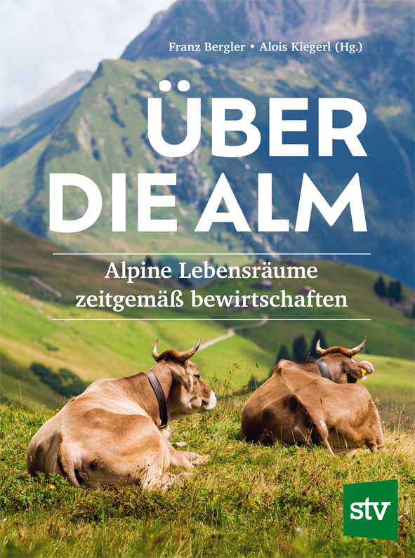 Cover des Buches 'Über die Alm' mit zwei Kühen die auf einer Weide liegen