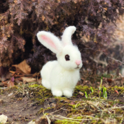 Ein kleines weißes gefilztes Kaninchen, das auf einem Waldboden sitzt.