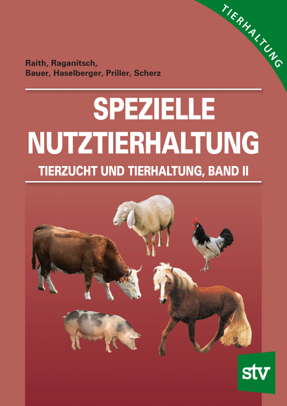 Cover des Buches 'Spezielle Nutztierhaltung 2' mit verschiedenen Nutztiertieren (wie Kuh, Pferd, Huhn, Schwein, Schaf)