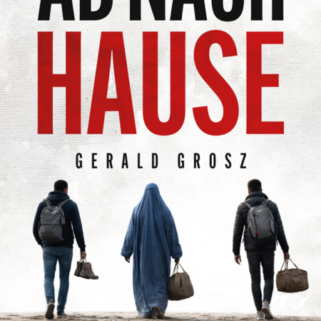 Cover des Buches 'Ab nach Hause' mit Rückenansicht von 3 Pesonen mit Reisetaschen