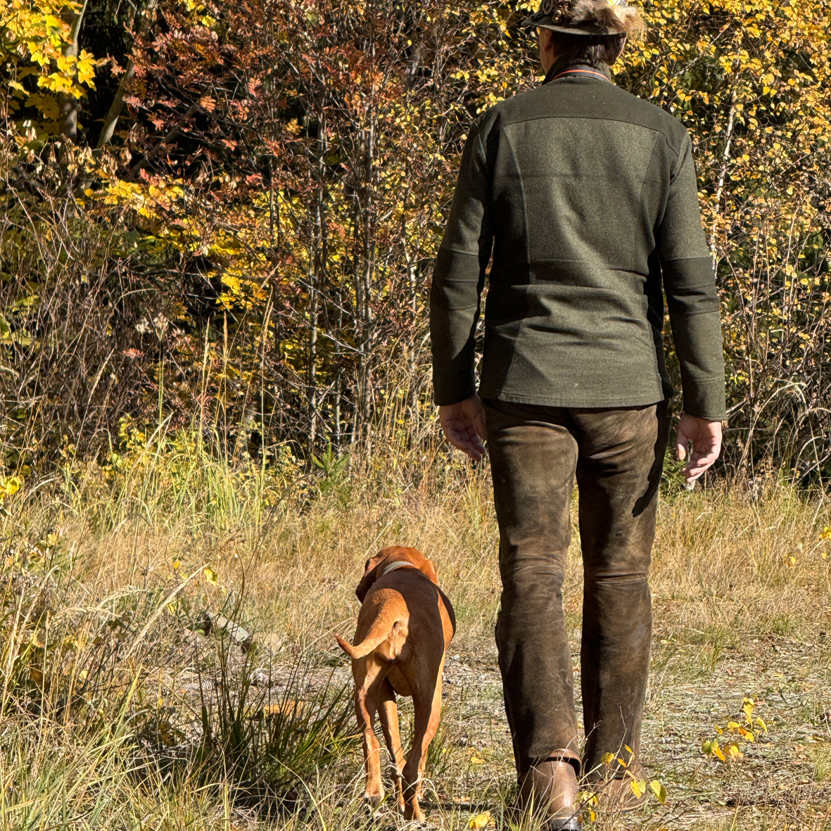 Hundegespann ohne Ausrüstung Ein Jäger der mit seinem Hund spazieren geht