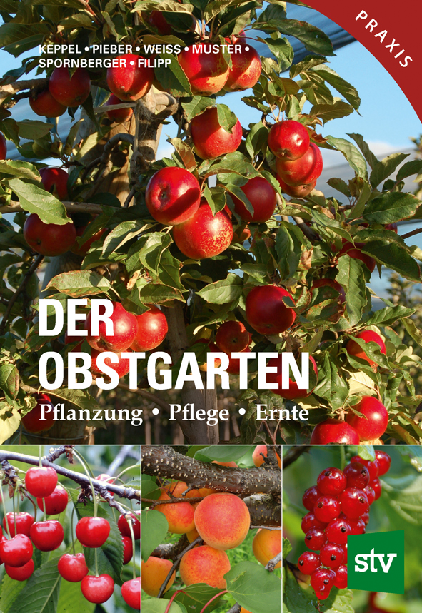 Cover des Buches 'Der Obstgarten' mit verschiedenen Obstsorten an Ästen hängend